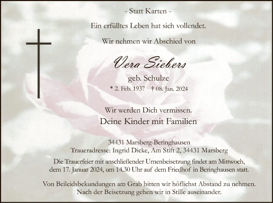 Todesanzeige von Vera Siebers von WA