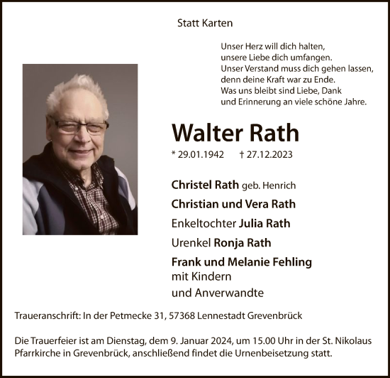 Todesanzeige von Walter Rath von WA
