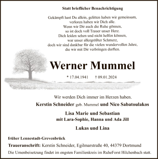 Todesanzeige von Werner Mummel von WA