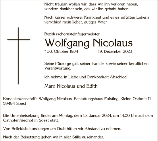 Todesanzeige von Wolfgang Nicolaus von WA