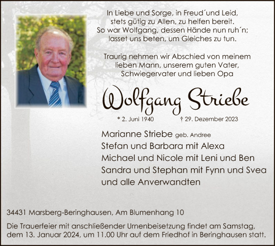 Todesanzeige von Wolfgang Striebe von WA