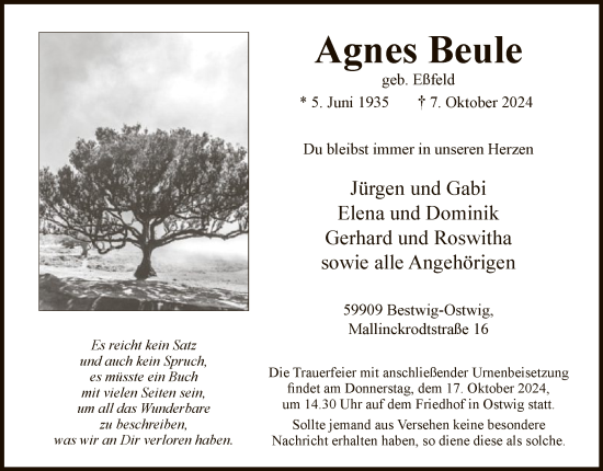 Todesanzeige von Agnes Beule von WA