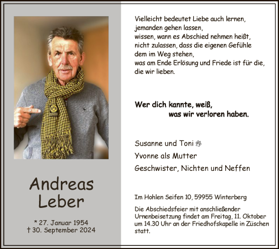 Todesanzeige von Andreas Leber von WA