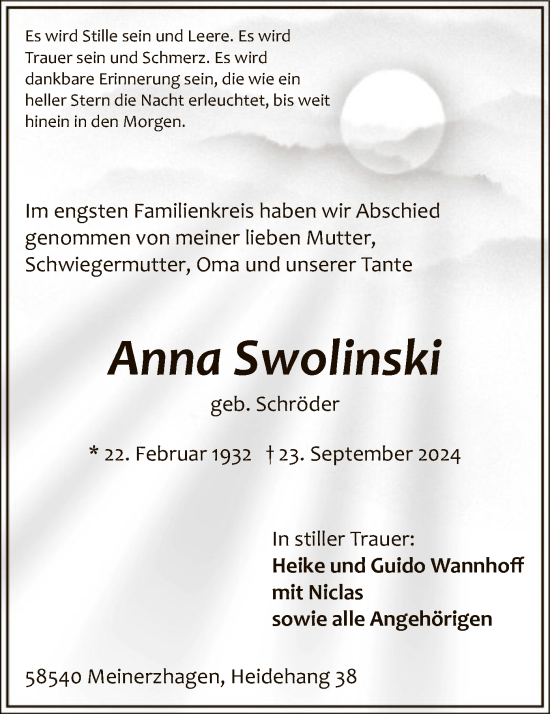 Todesanzeige von Anna Swolinski von WA
