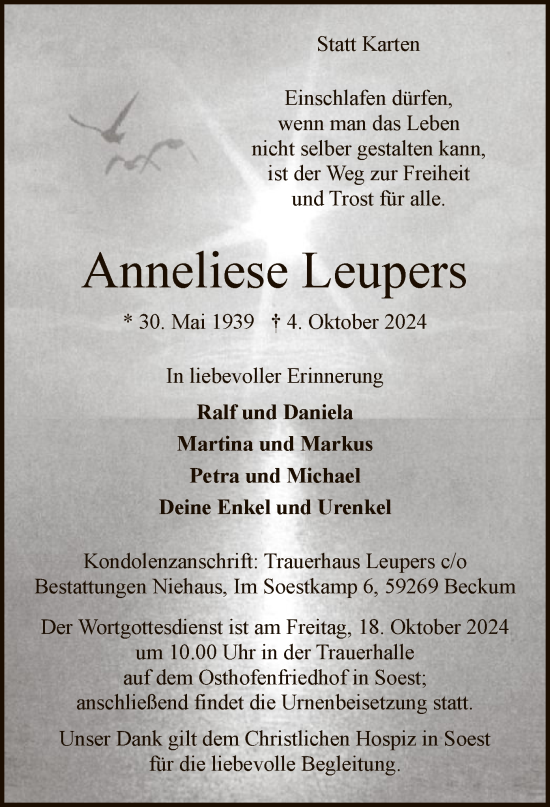 Todesanzeige von Anneliese Leupers von WA