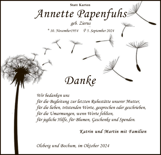 Todesanzeige von Annette Papenfuhs von WA