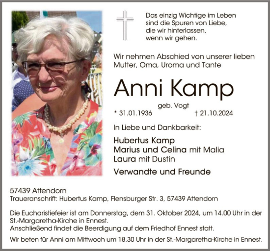 Todesanzeige von Anni Kamp von WA