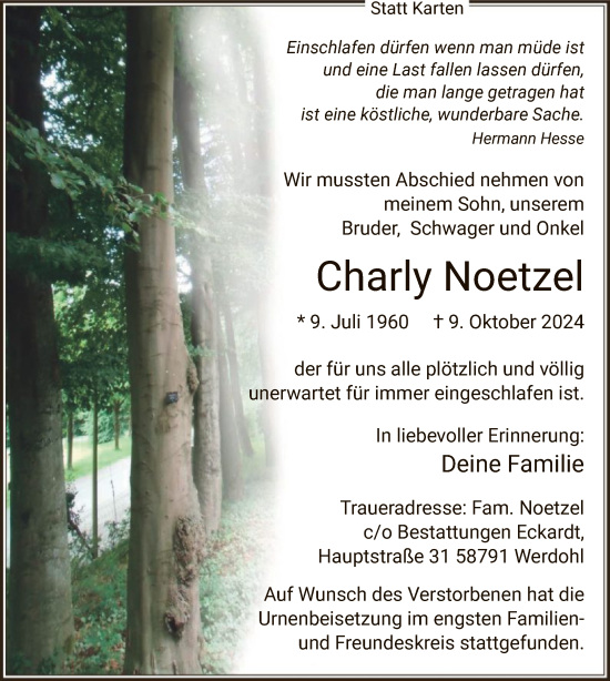 Todesanzeige von Charly Noetzel von WA