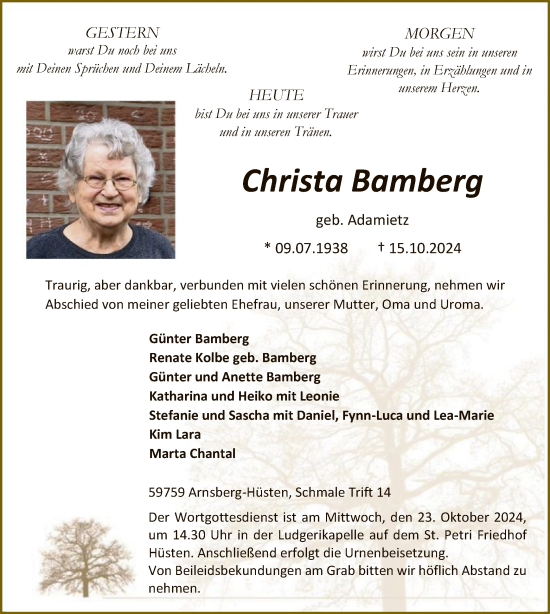 Todesanzeige von Christa Bamberg von WA