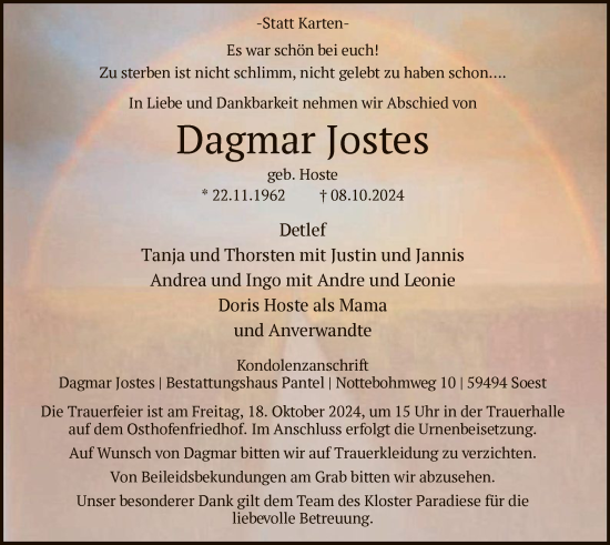Todesanzeige von Dagmar Jostes von WA