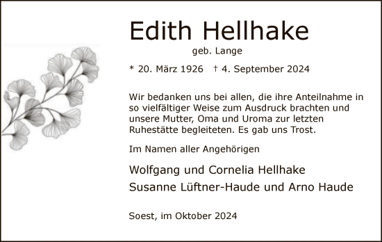 Todesanzeige von Edith Hellhake von WA