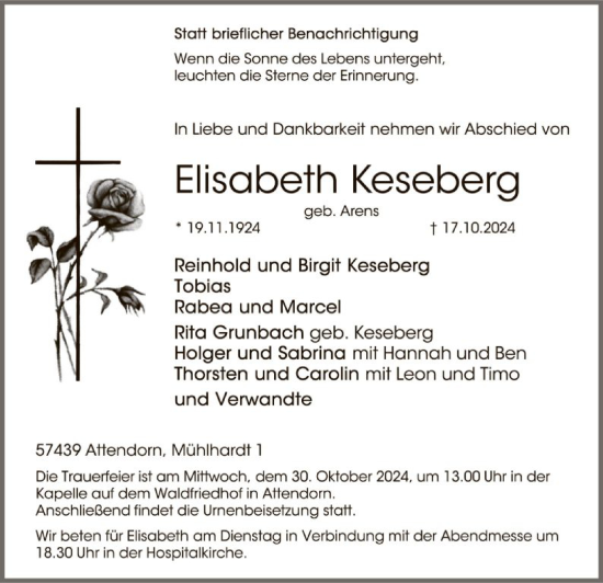 Todesanzeige von Elisabeth Keseberg von WA