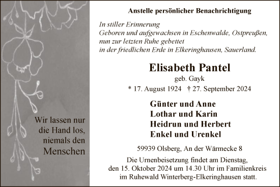 Todesanzeige von Elisabeth Pantel von WA