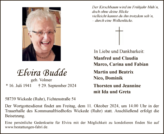 Todesanzeige von Elvira Budde von WA