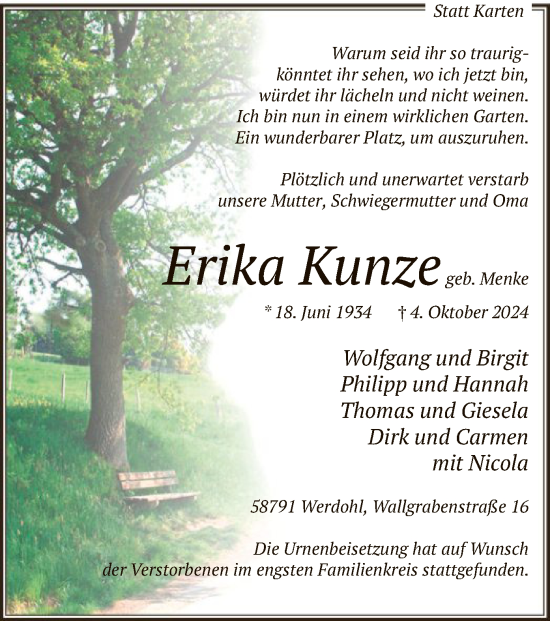 Todesanzeige von Erika Kunze von WA