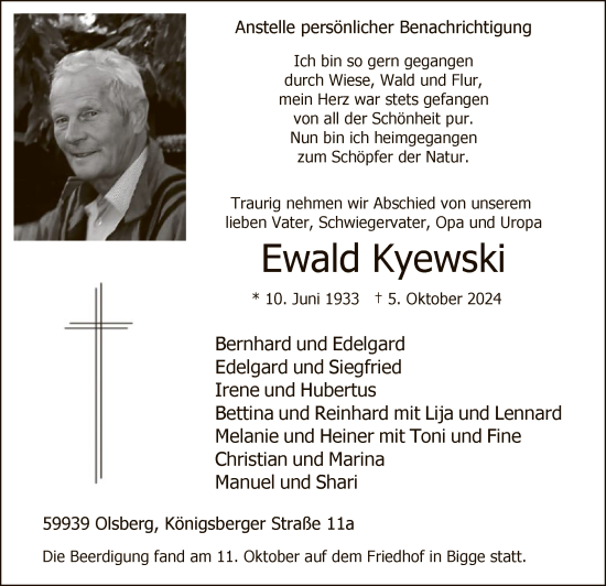 Todesanzeige von Ewald Kyewski von WA