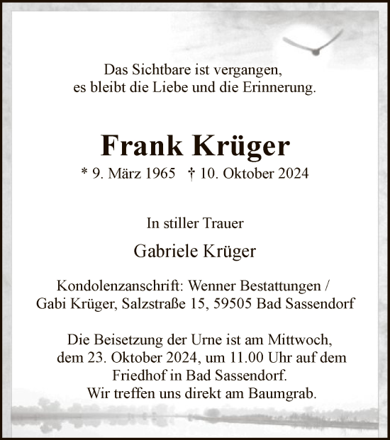 Todesanzeige von Frank Krüger von WA