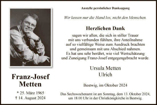 Todesanzeige von Franz-Josef Metten von WA