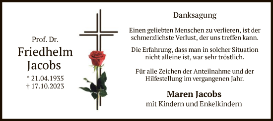 Todesanzeige von Friedhelm Jacobs von WA