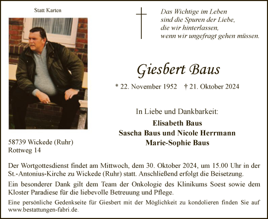 Todesanzeige von Giesbert Baus von WA
