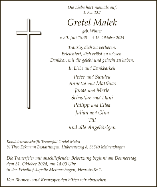 Todesanzeige von Gretel Malek von WA