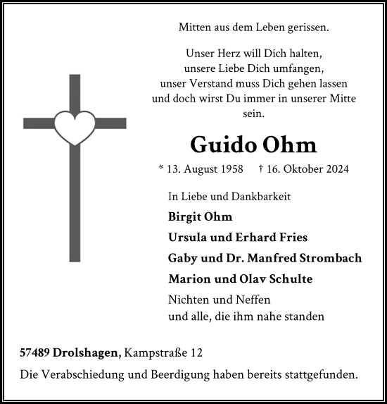 Todesanzeige von Guido Ohm von WA