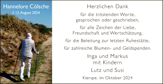 Todesanzeige von Hannelore Cölsche von WA