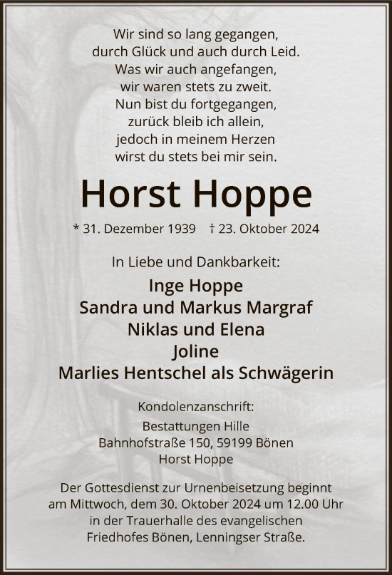 Todesanzeige von Horst Hoppe von WA
