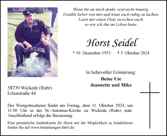 Todesanzeige von Horst Seidel von WA
