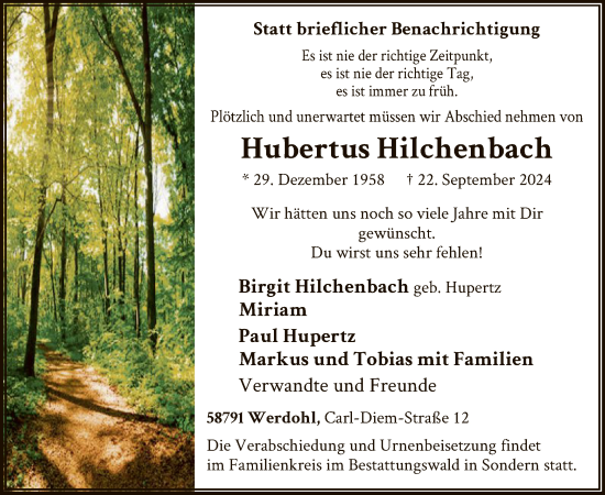 Todesanzeige von Hubertus Hilchenbach von WA