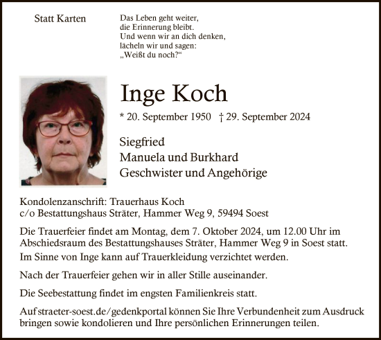 Todesanzeige von Inge Koch von WA