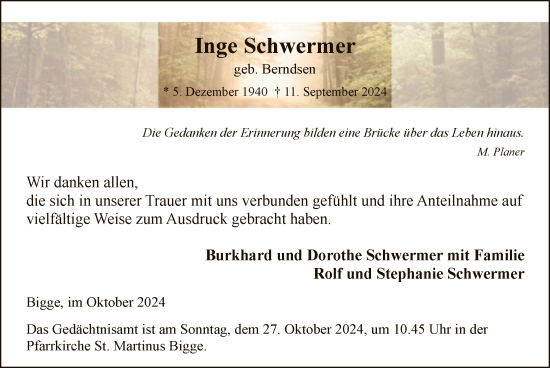 Todesanzeige von Inge Schwermer von WA