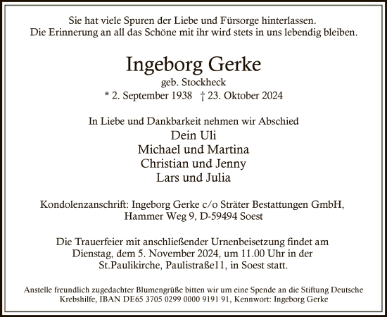 Todesanzeige von Ingeborg Gerke von WA