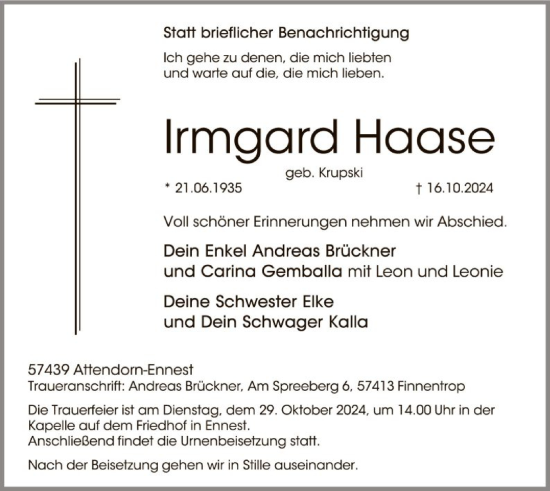 Todesanzeige von Irmgard Haase von WA