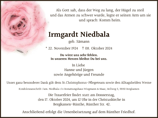 Todesanzeige von Irmgardt Niedbala von WA
