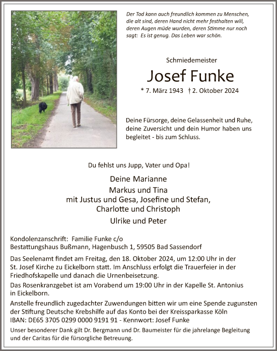 Todesanzeige von Josef Funke von WA