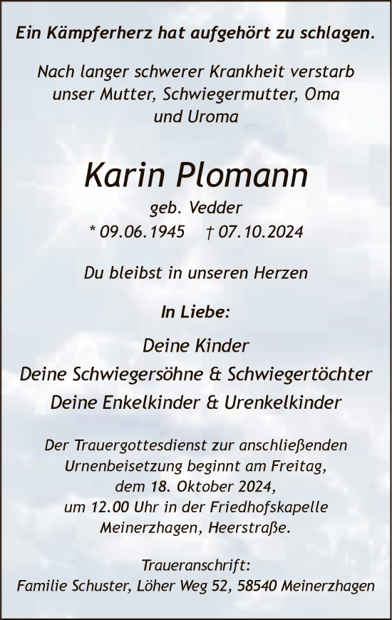 Todesanzeige von Karin Plomann von WA