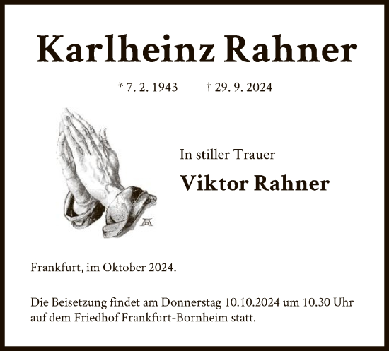 Todesanzeige von Karlheinz Rahner von WA