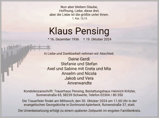 Todesanzeige von Klaus Pensing von WA