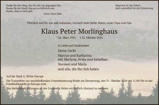 Todesanzeige von Klaus Peter Morlinghaus von WA