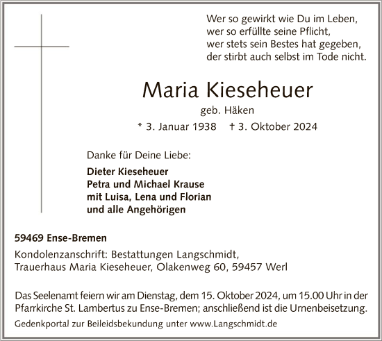 Todesanzeige von Maria Kieseheuer von WA