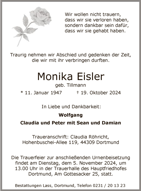 Todesanzeige von Monika Eisler von WA