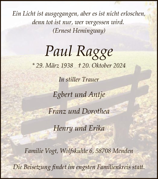 Todesanzeige von Paul Ragge von WA