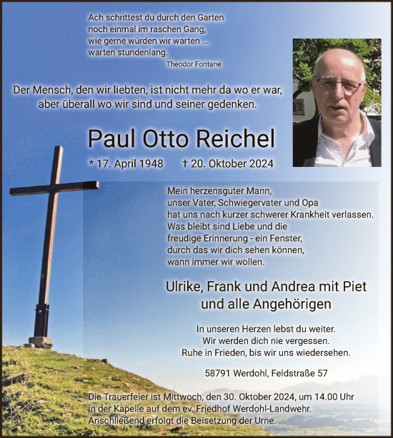 Todesanzeige von Paul Otto Reichel von WA