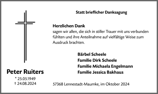 Todesanzeige von Peter Ruiters von WA
