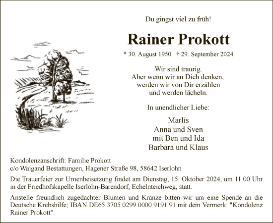 Todesanzeige von Rainer Prokott von WA
