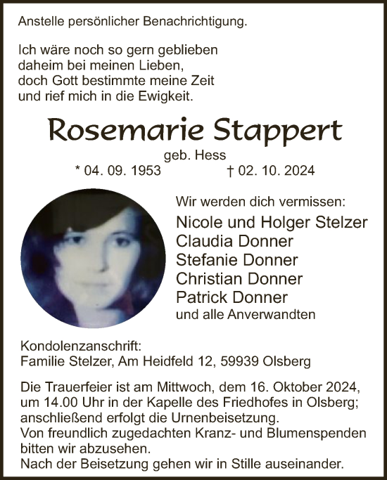 Todesanzeige von Rosemarie Stappert von WA