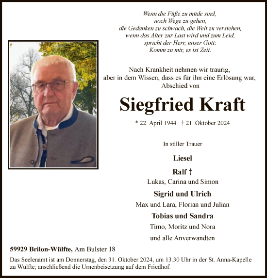 Todesanzeige von Siegfried Kraft von WA