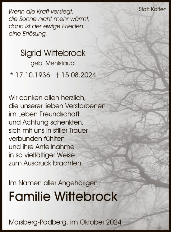 Todesanzeige von Sigrid Wittebrock von WA