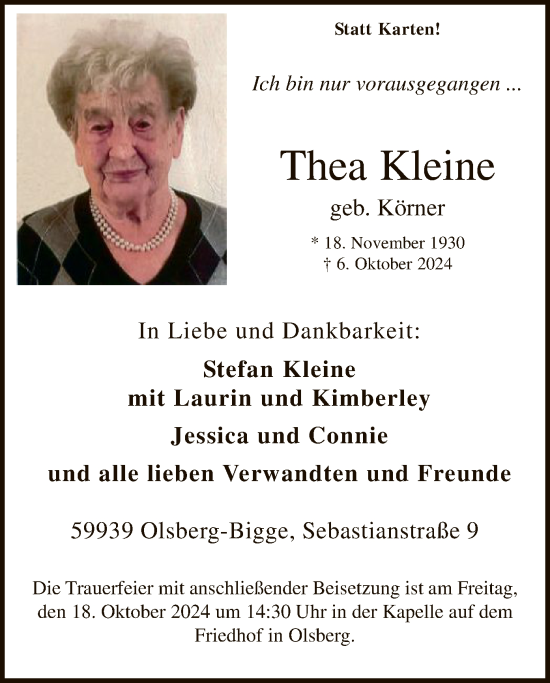 Todesanzeige von Thea Kleine von WA